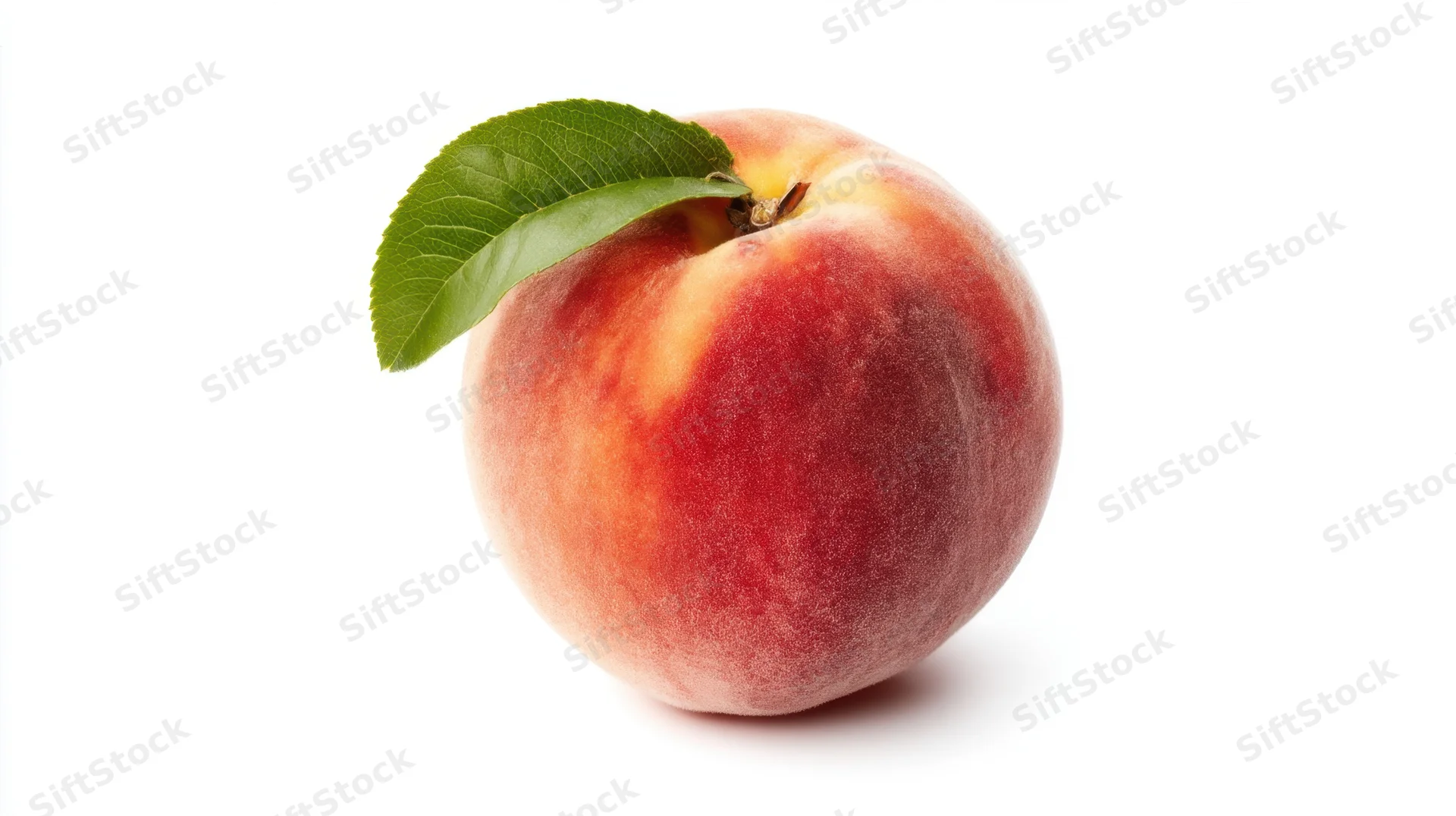 Ripe peach with a green leaf on a white background