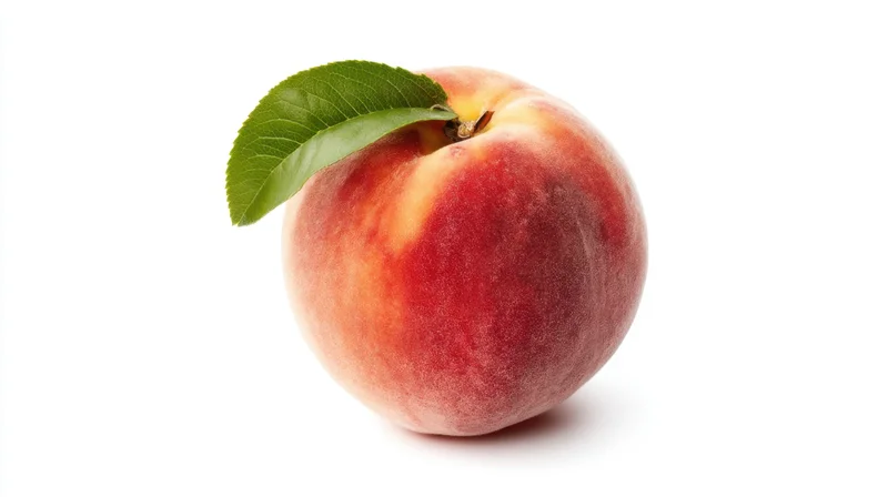 Ripe peach with a green leaf on a white background
