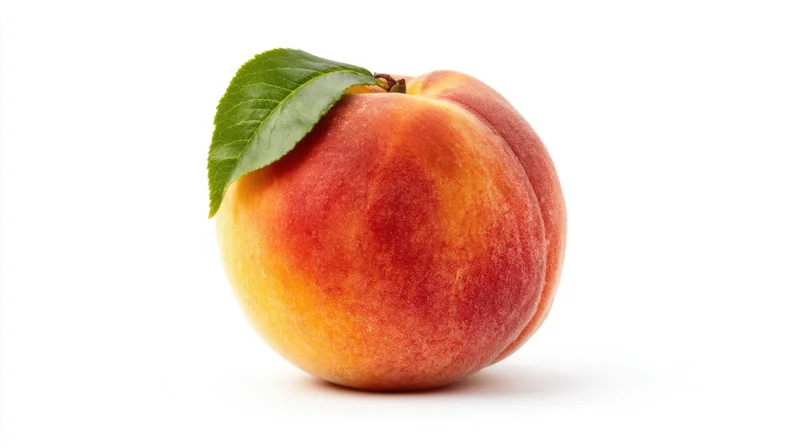 Ripe peach with green leaf on white background
