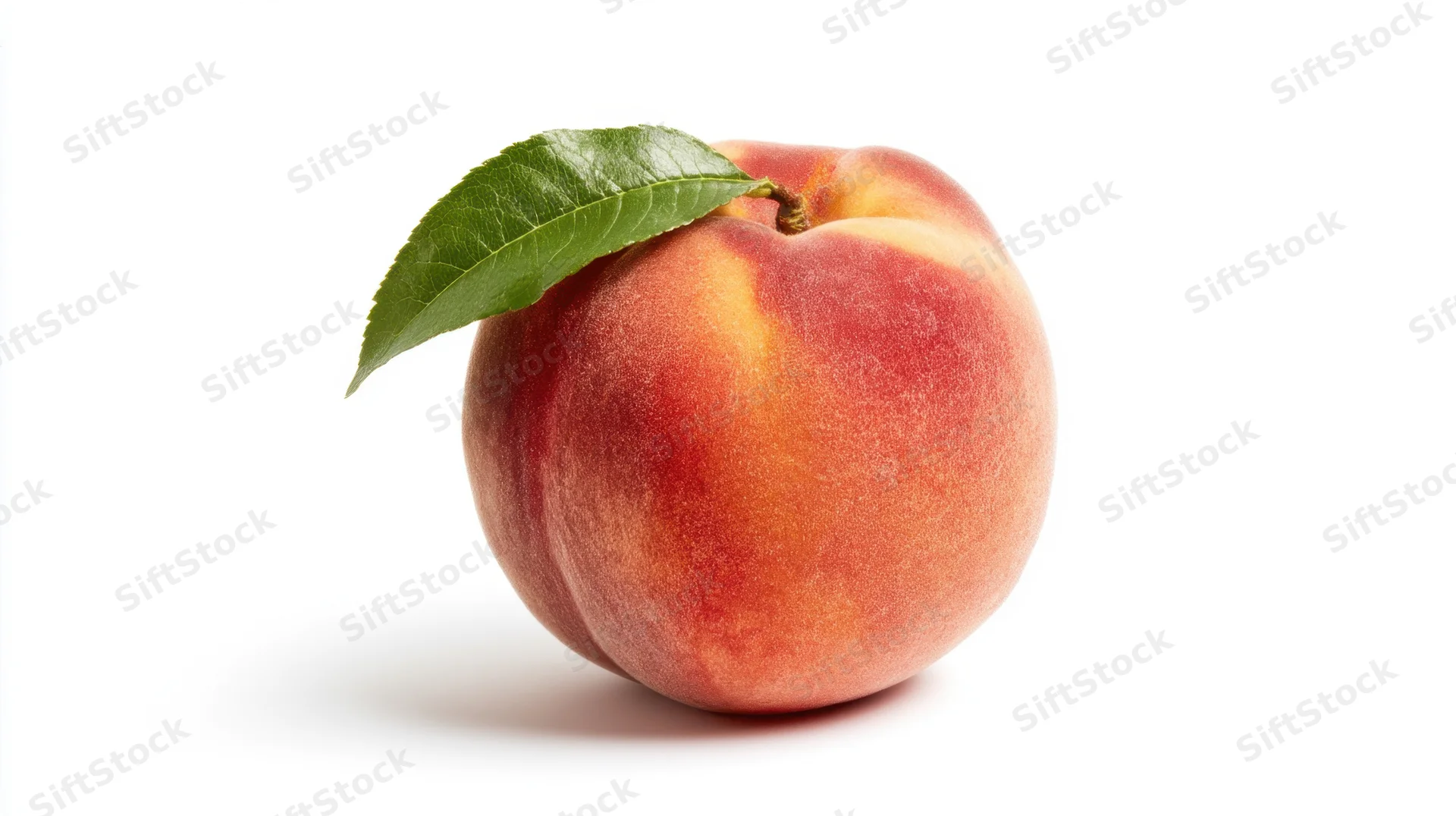 Ripe peach with a green leaf on a white background