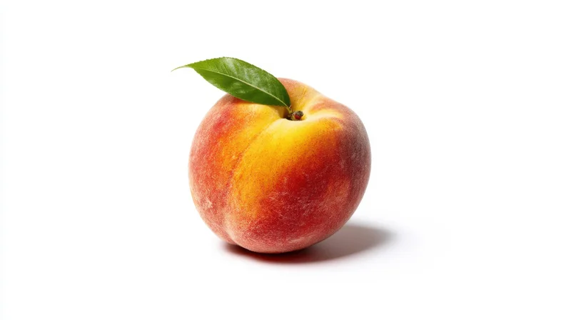 Ripe peach with a green leaf on a white background