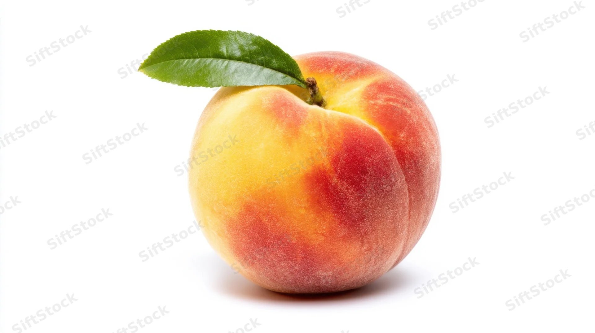 Ripe peach with green leaf on white background