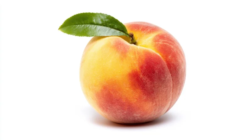 Ripe peach with green leaf on white background