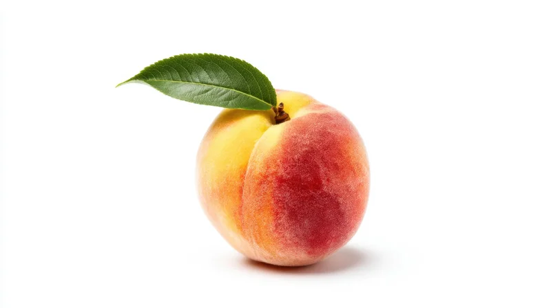 Ripe peach with green leaf on white background