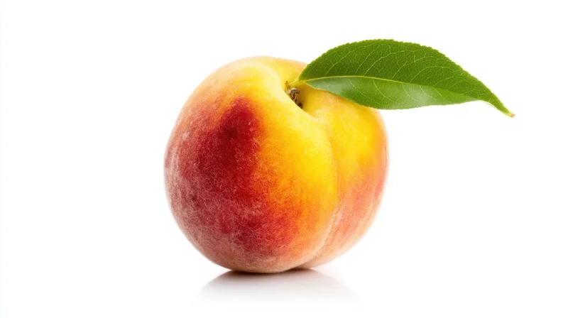Ripe peach with green leaf on white background