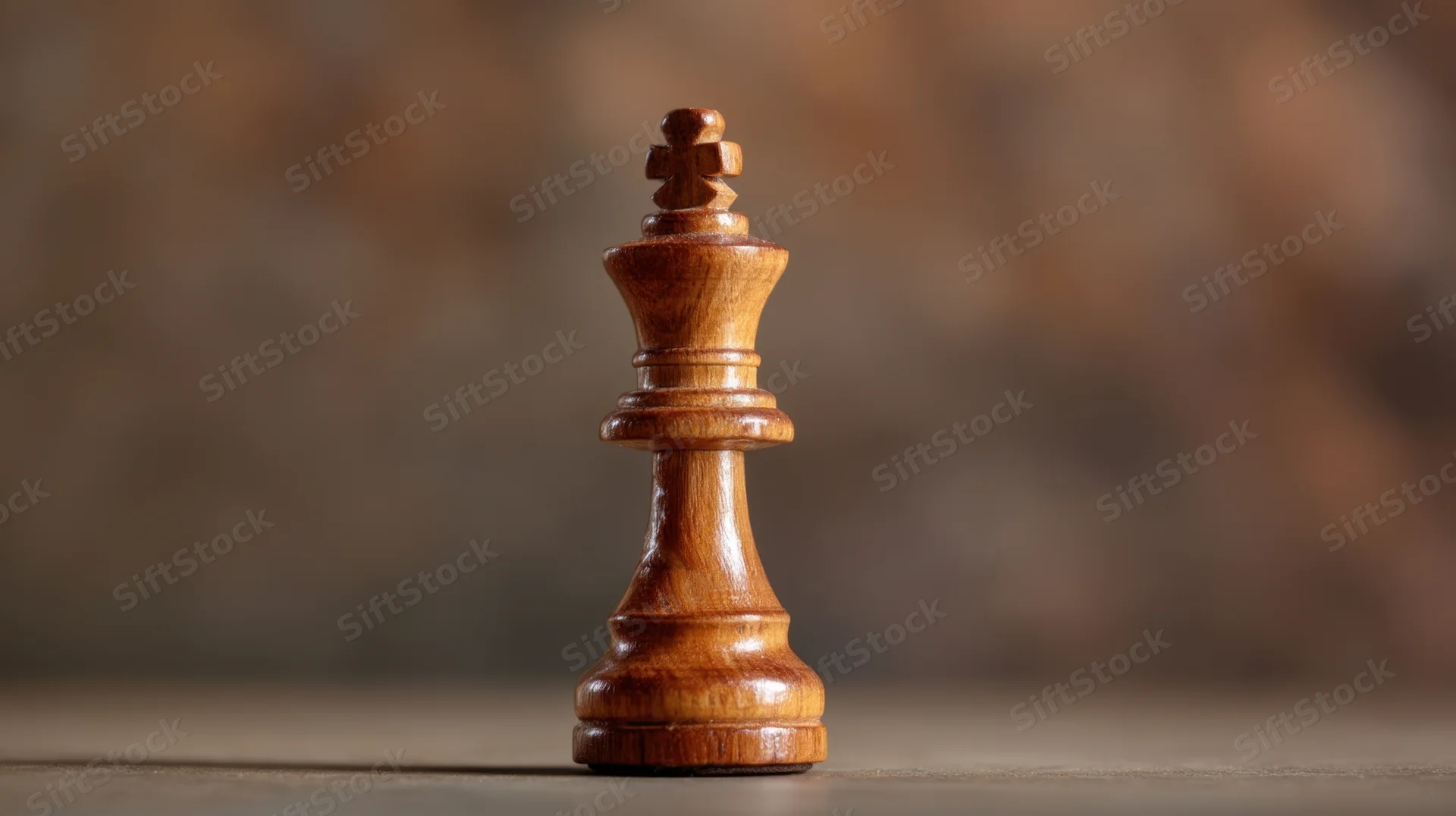 Wooden chess king standing alone on a smooth surface with blurred background