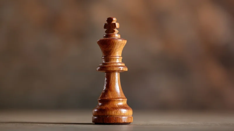 Wooden chess king standing alone on a smooth surface with blurred background