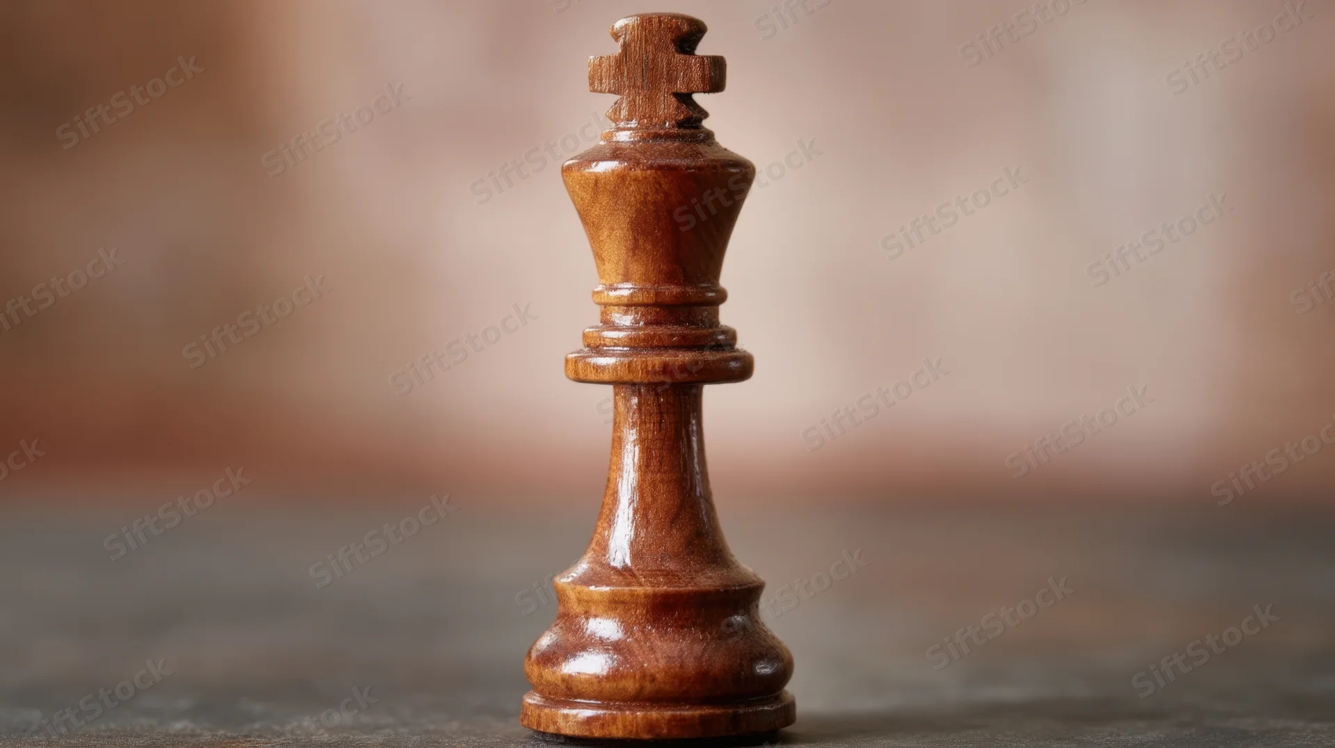 Wooden chess king standing upright on a dark surface