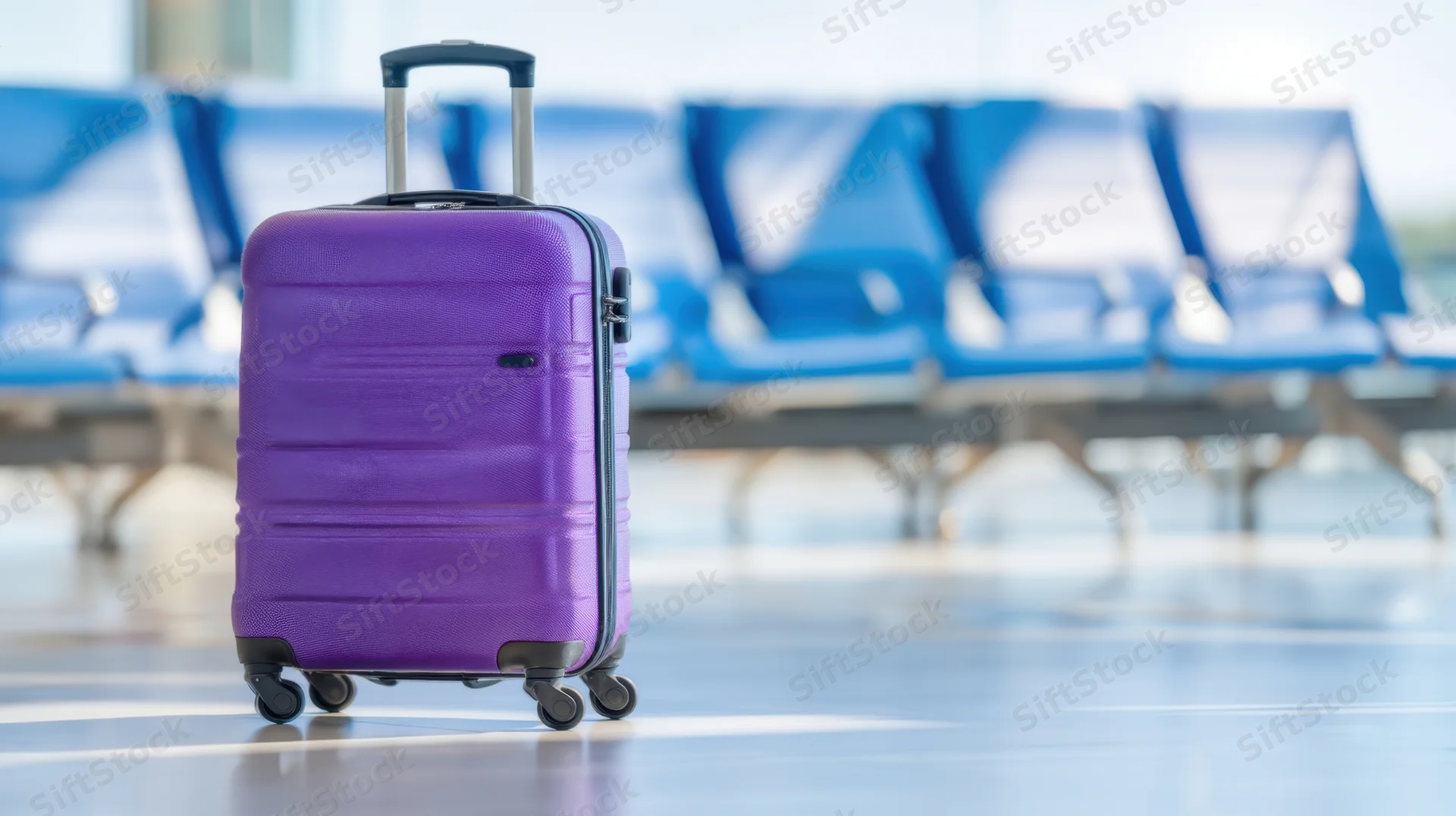 Purple suitcase with extended handle standing on polished floor in airport terminal near blue seats