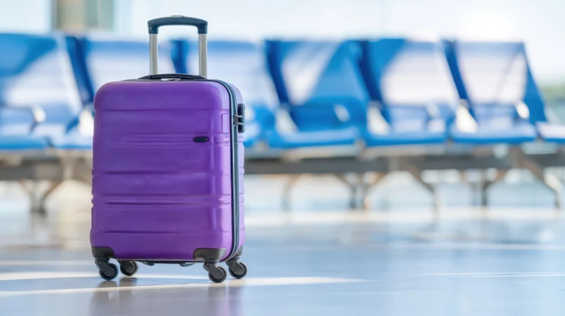 Purple suitcase with extended handle standing on polished floor in airport terminal near blue seats