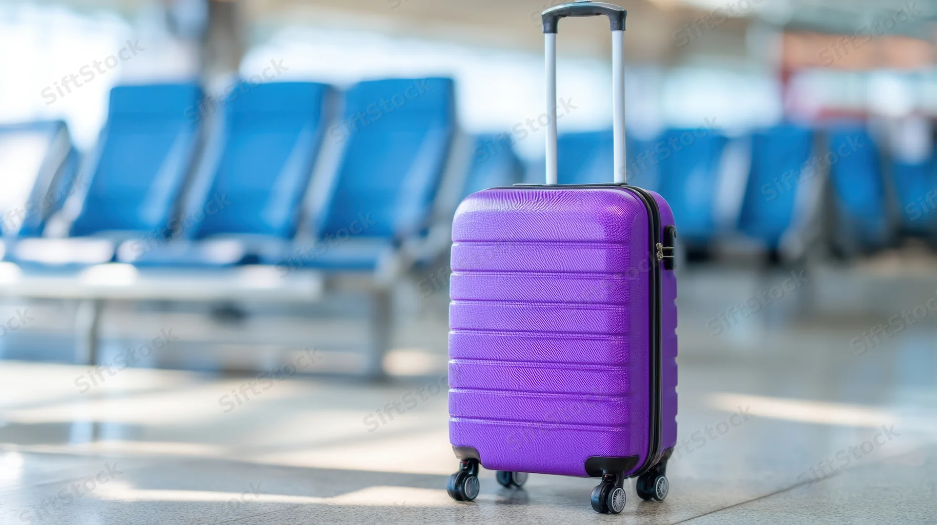 Purple rolling suitcase with extended handle in airport terminal near blue seating