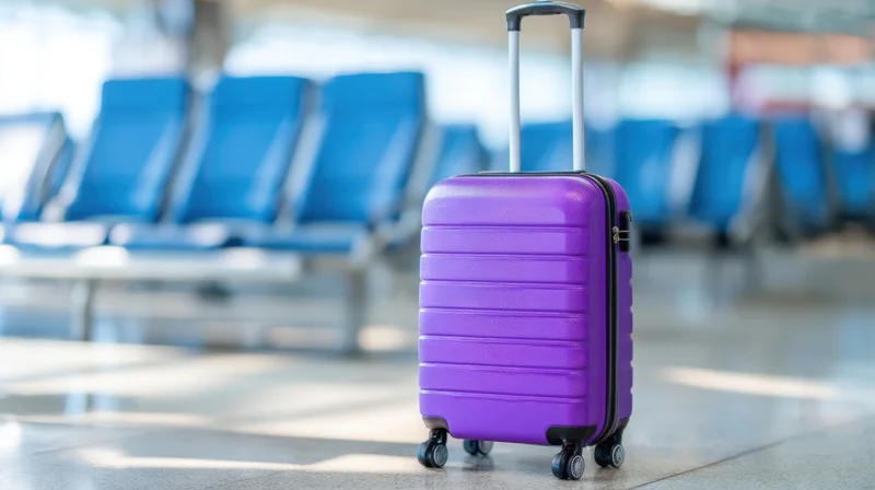 Purple rolling suitcase with extended handle in airport terminal near blue seating