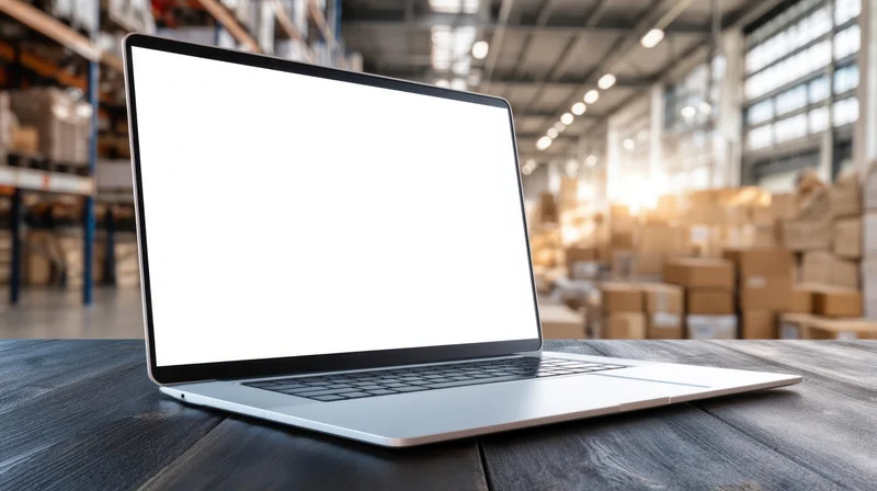 Laptop with blank screen on wooden desk in warehouse setting