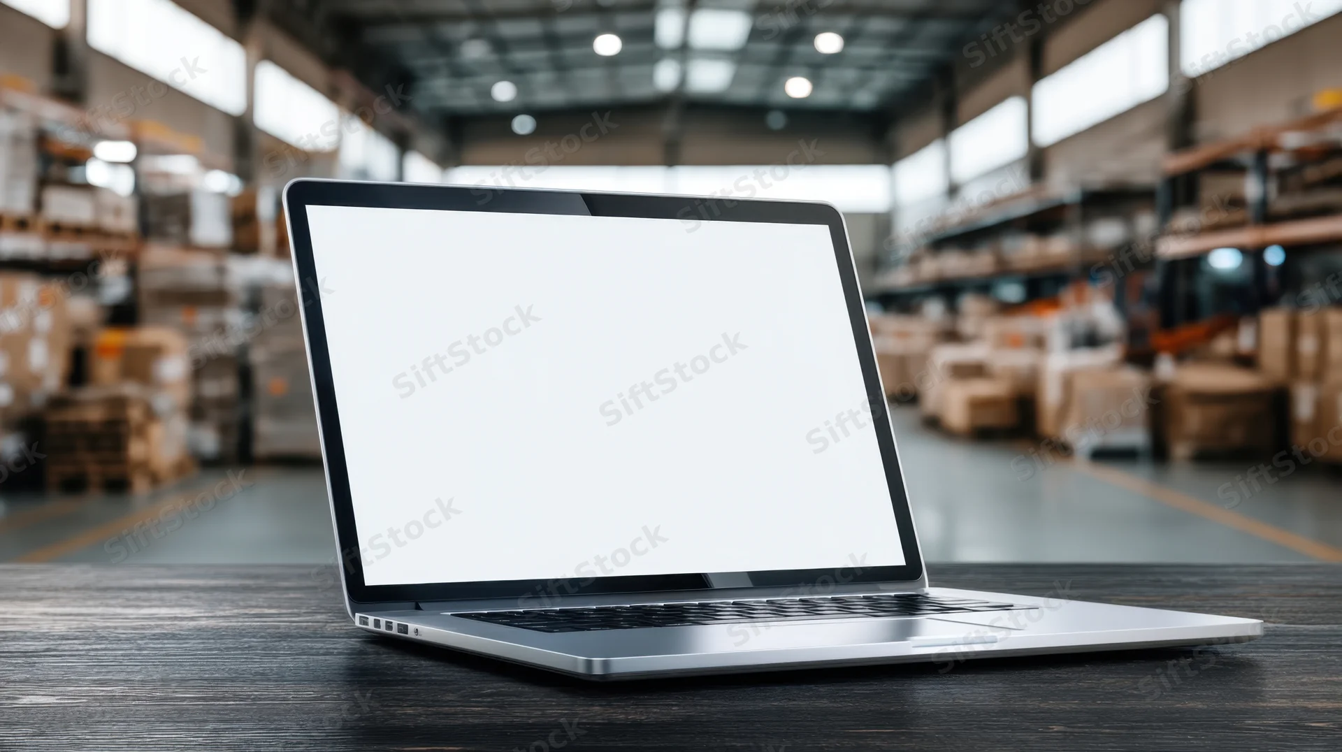 Silver laptop with blank screen on wooden desk in warehouse setting