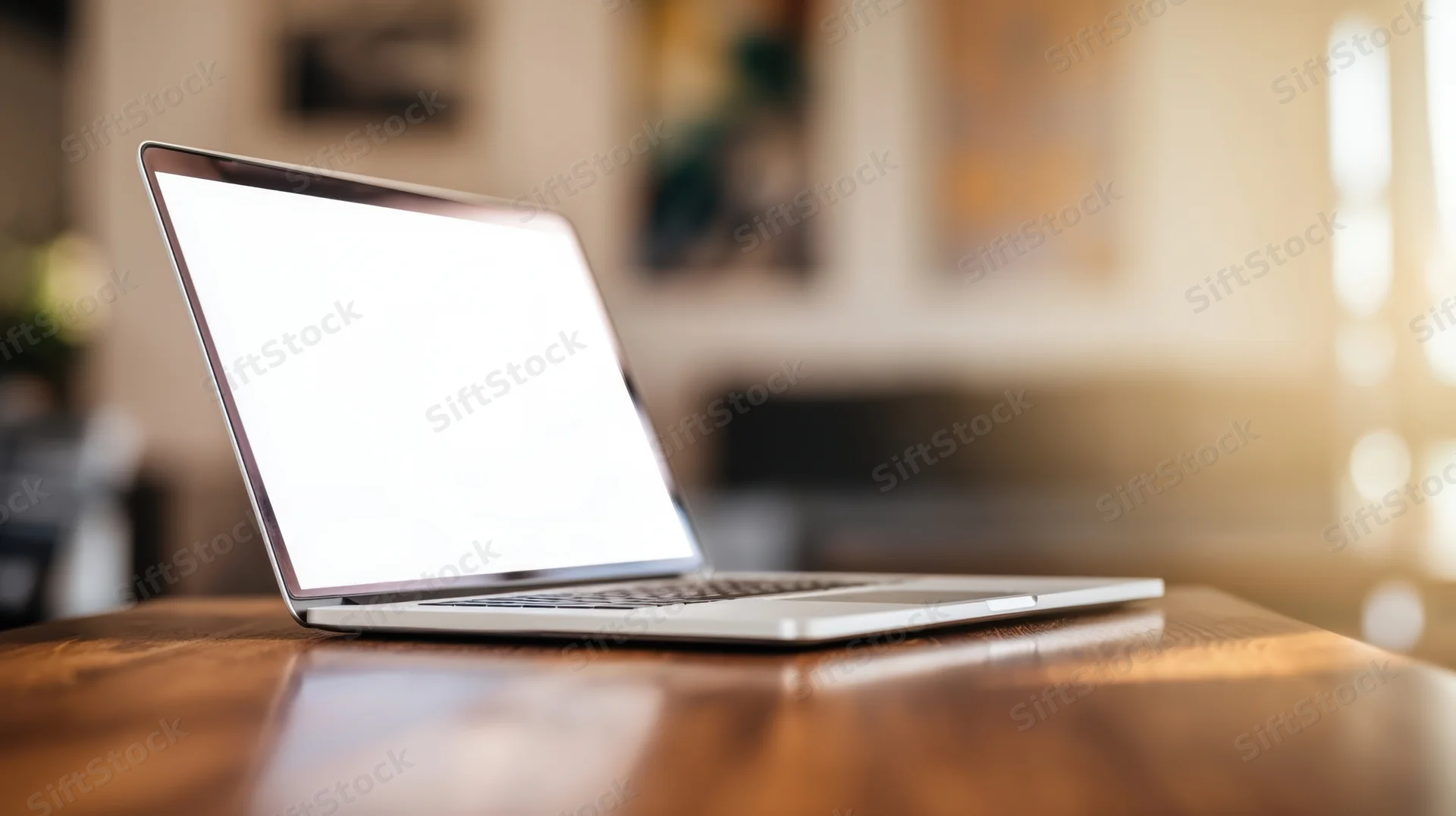 Sleek silver laptop with blank white screen on wooden desk in home office setting