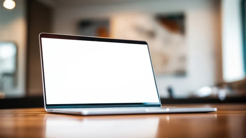 Open laptop with blank white screen on wooden desk in home office setting