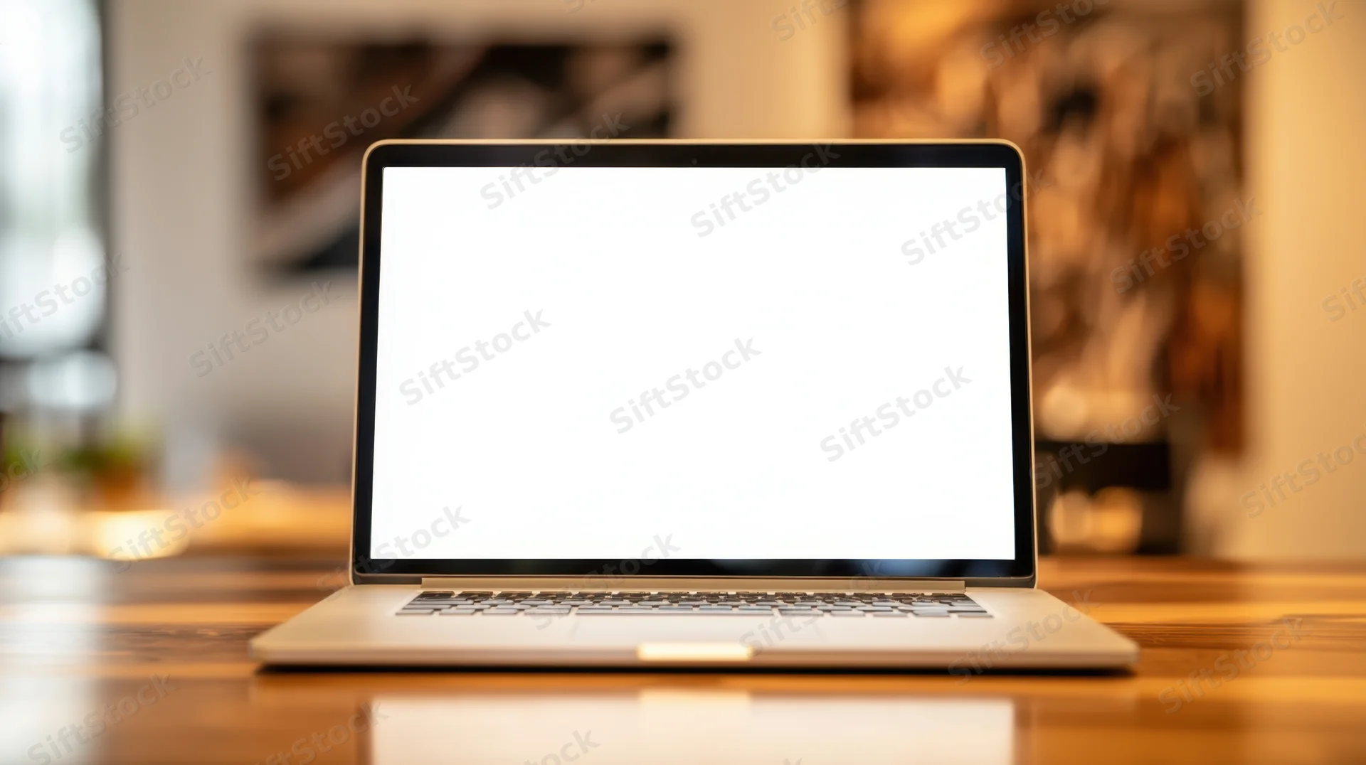 Silver laptop with blank white screen on wooden desk in home office setting