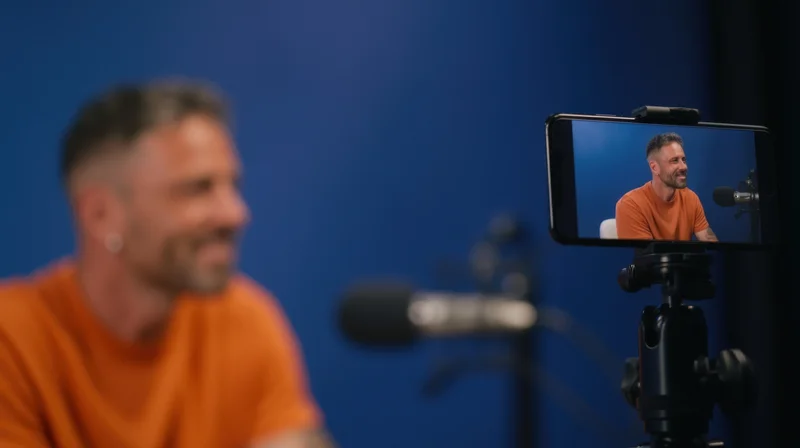 Man recording video content on smartphone in studio with microphone and blue background