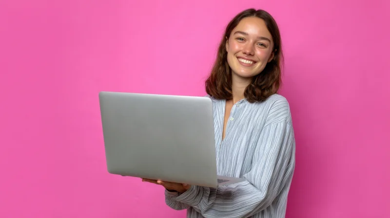 Woman holding a laptop and smiling in front of a pink background