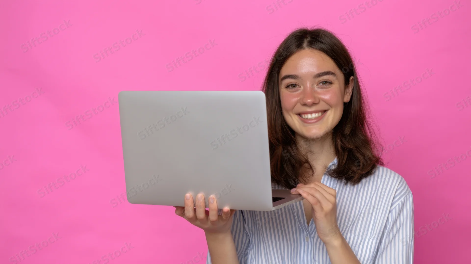 Young woman smiling while holding a laptop against a pink background