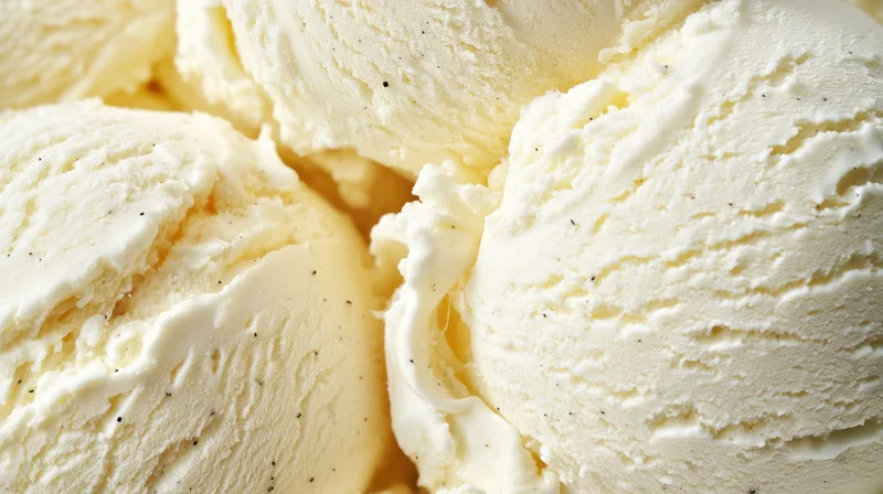 Closeup of smooth vanilla ice cream scoops with visible texture and specks
