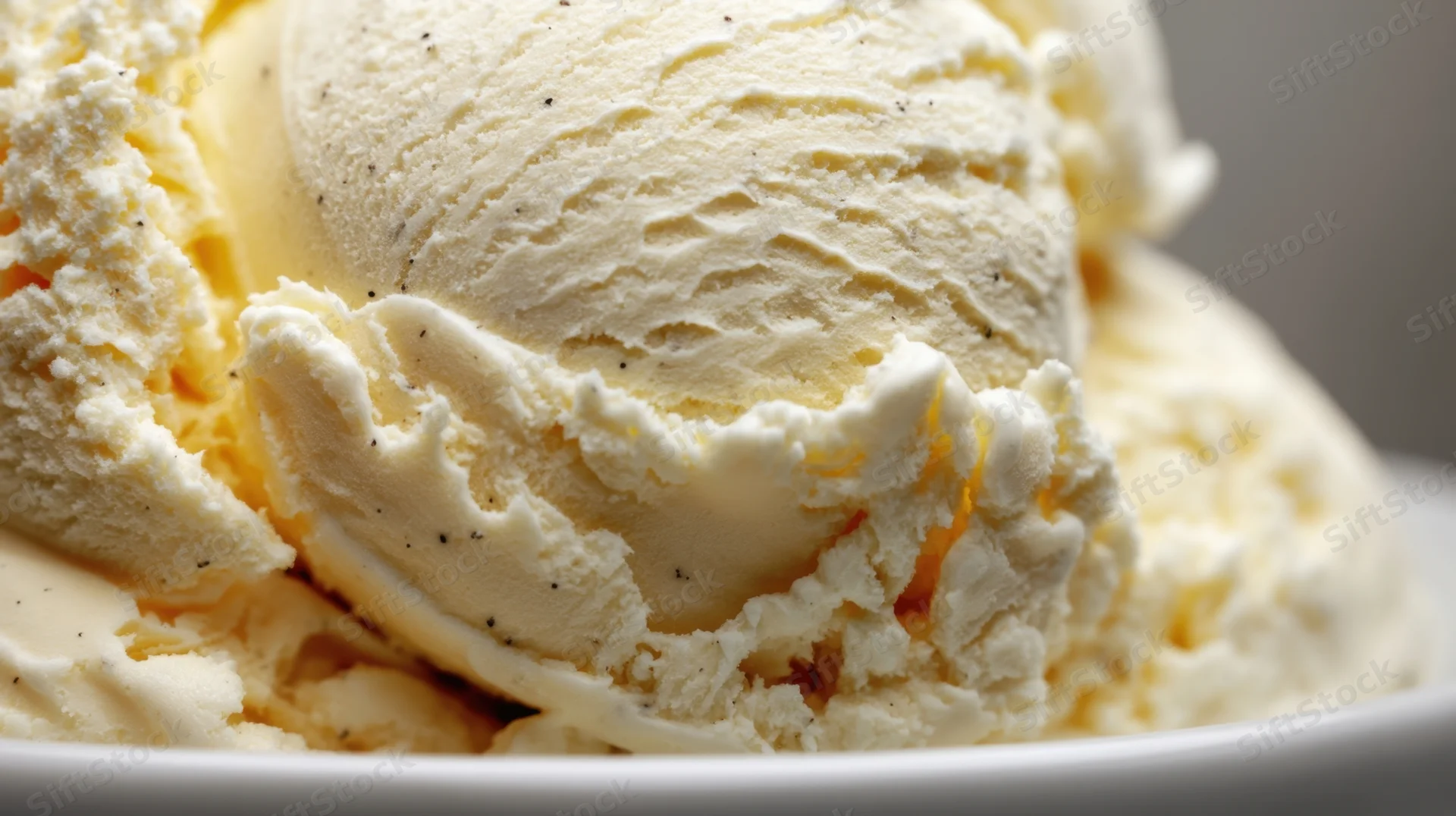 Closeup of creamy vanilla ice cream scoops in a white bowl