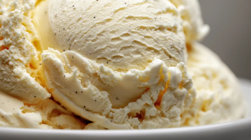 Closeup of creamy vanilla ice cream scoops in a white bowl