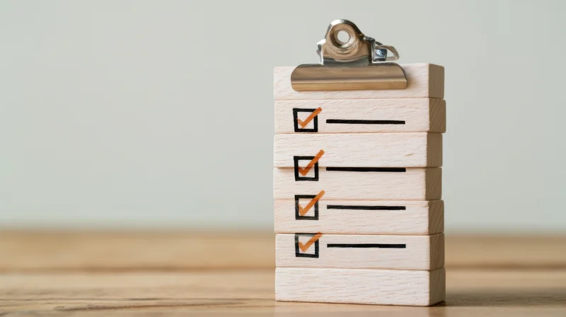 Stack of wooden blocks with checkmarks forming a checklist on a clipboard, placed on a wooden surface