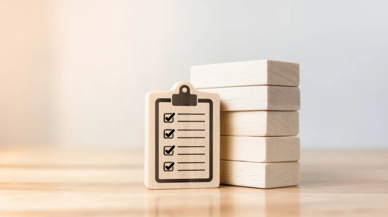 Wooden clipboard with checklist and stack of blocks on a desk