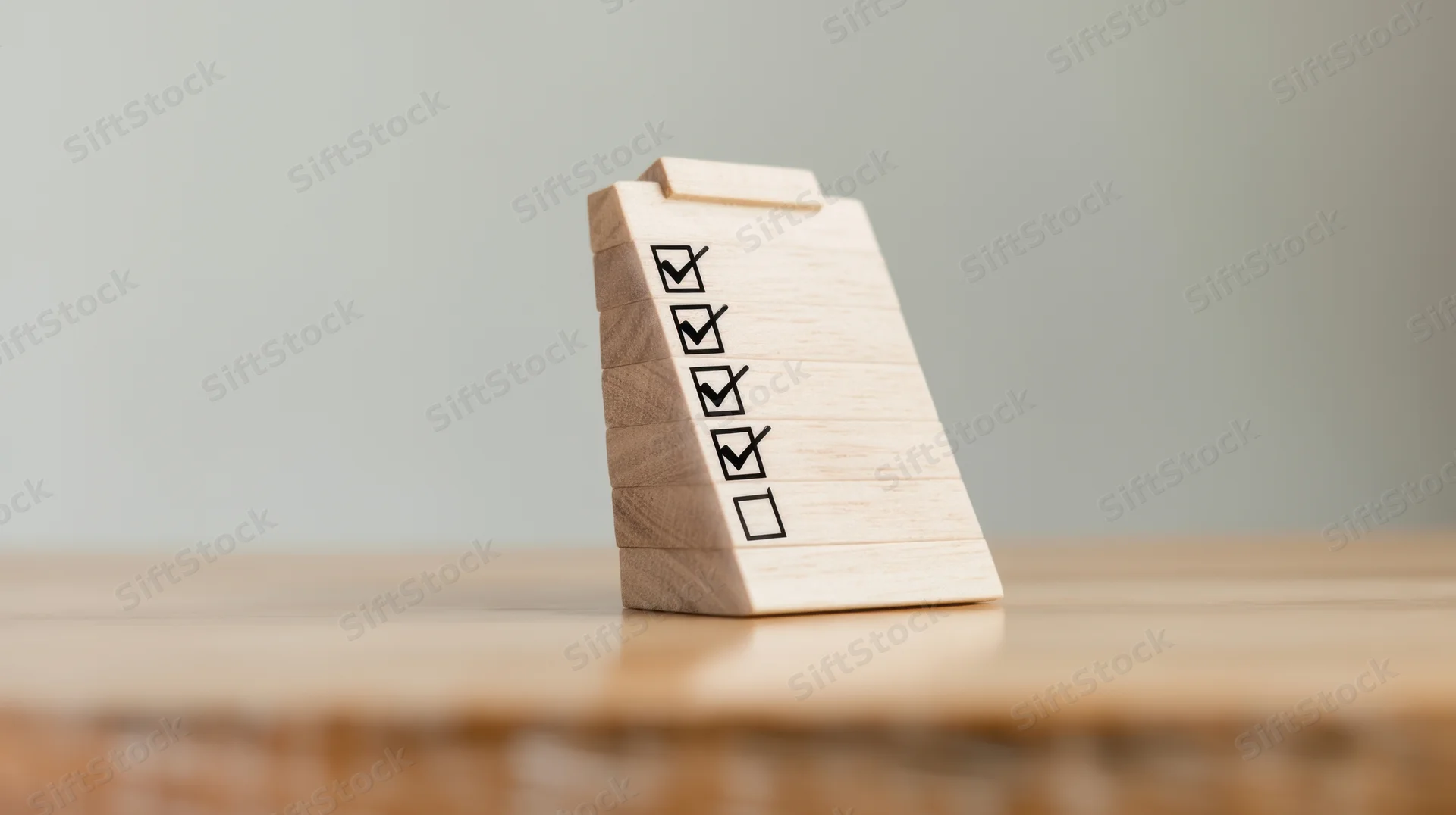 Stack of wooden blocks with checkmarks forming a leaning tower on a wooden table