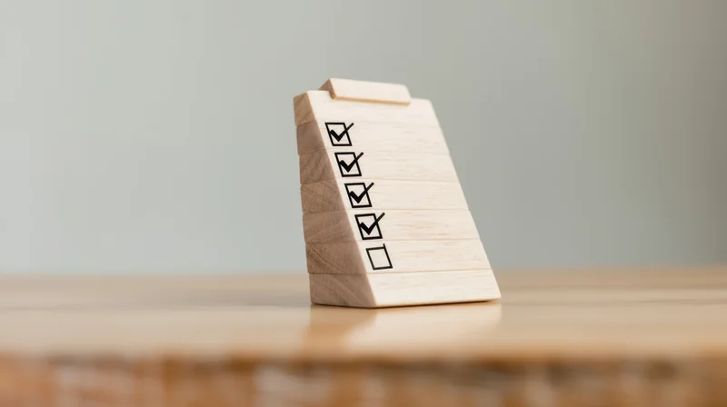 Stack of wooden blocks with checkmarks forming a leaning tower on a wooden table