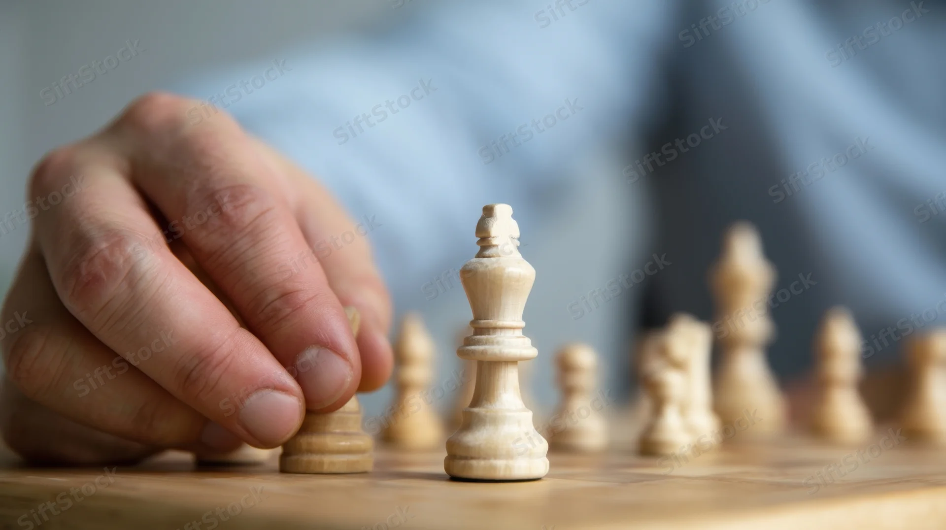 Hand moving a chess pawn on a wooden board during a game