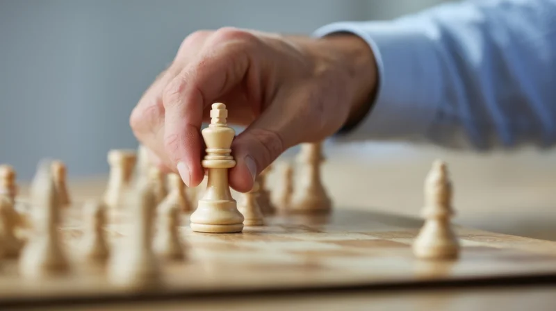 Hand moving a chess king on a wooden board during a game