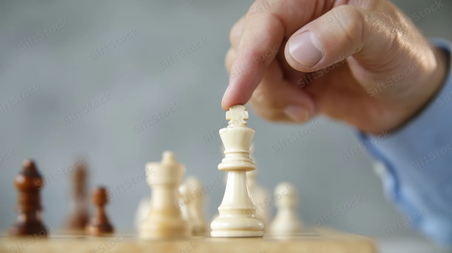 Hand moving a white chess king on a board during a game