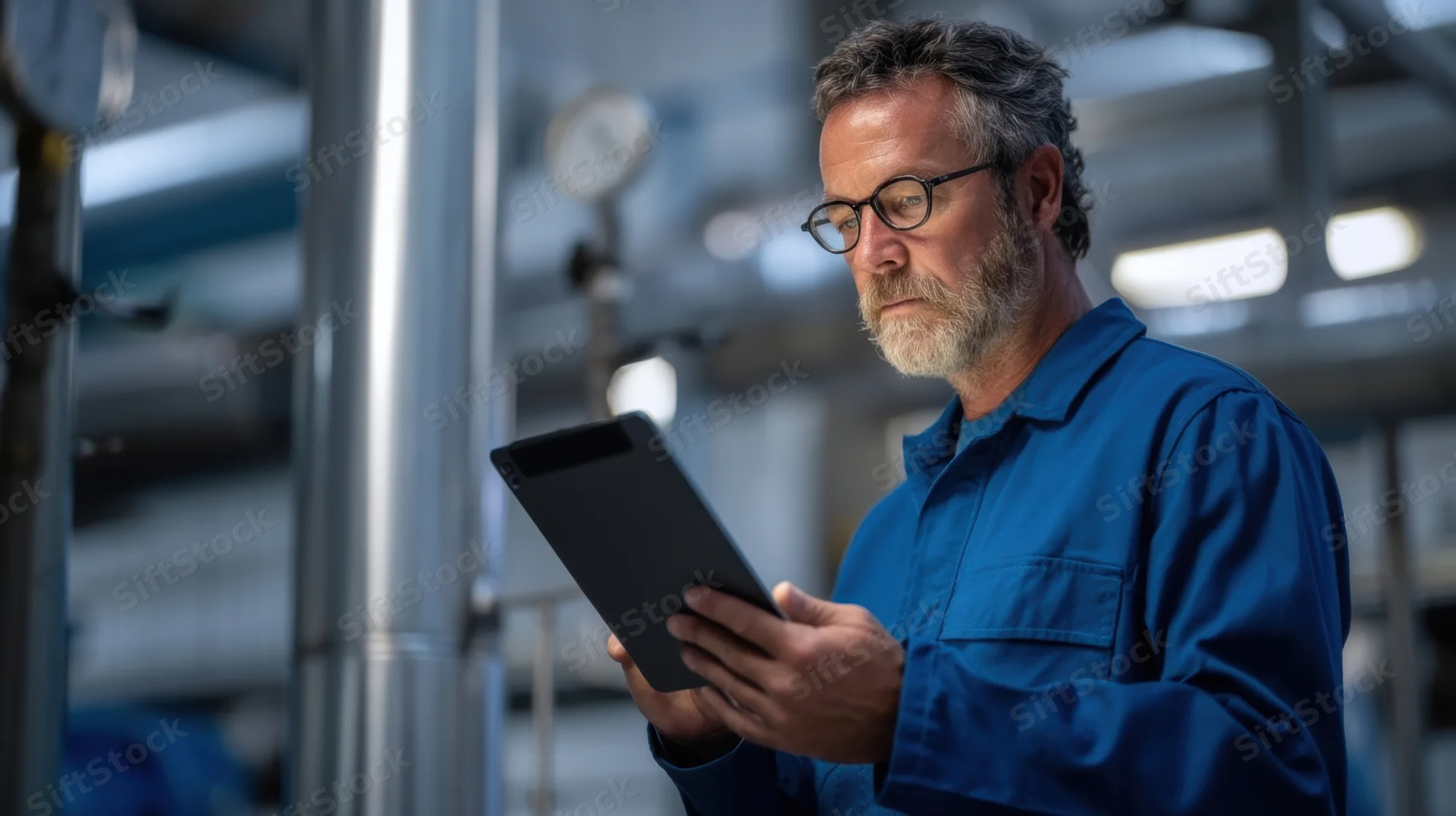 Middleaged male technician in blue uniform using tablet for inspection in industrial factory setting