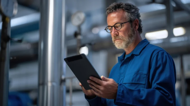 Middleaged male technician in blue uniform using tablet for inspection in industrial factory setting