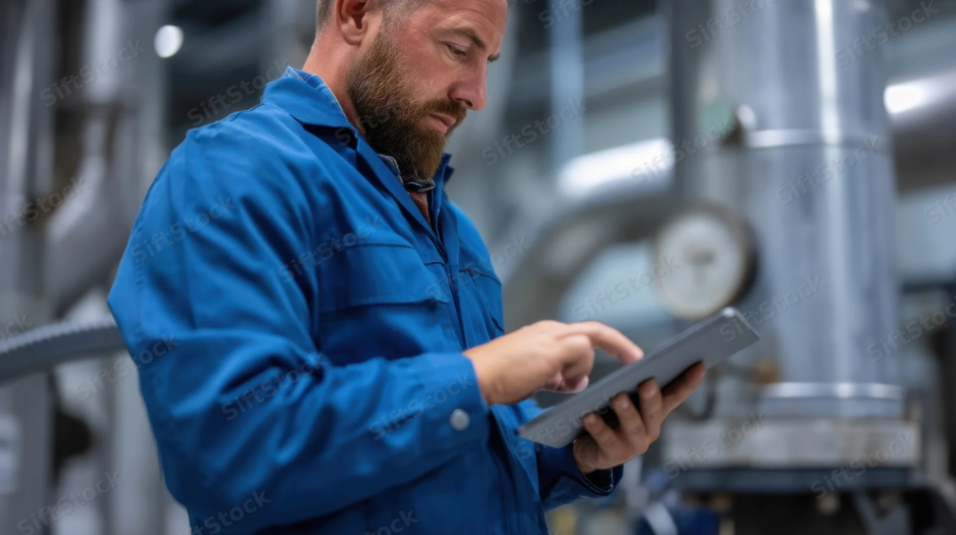 Technician using tablet for inspection in industrial factory setting