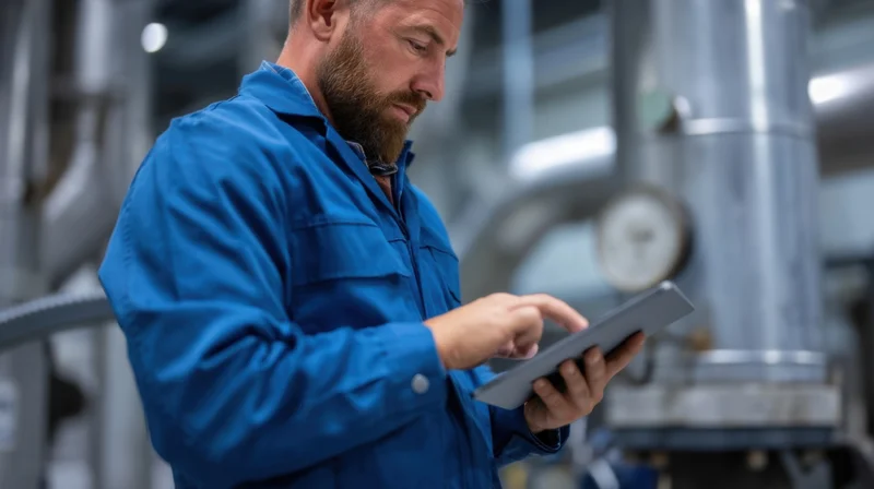 Technician using tablet for inspection in industrial factory setting