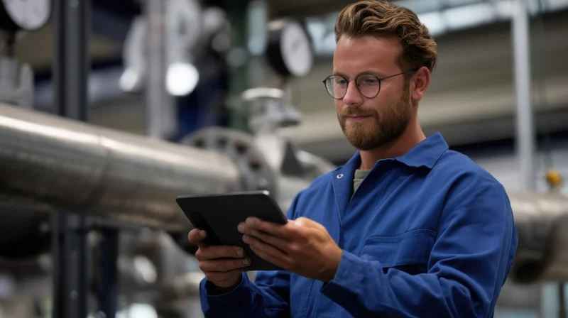 Technician using tablet for inspection in industrial plant