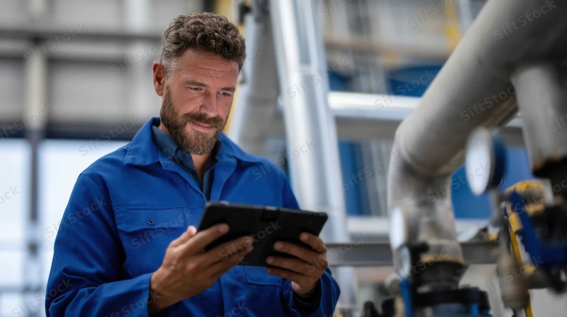 Technician using tablet for inspection in industrial factory setting