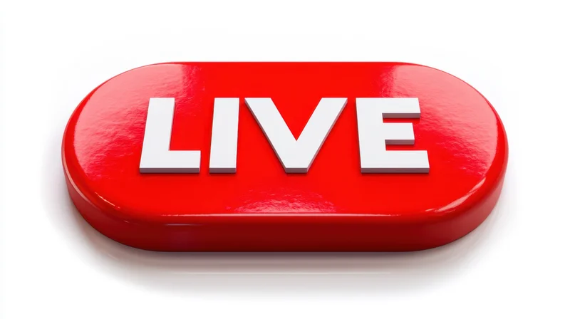 Red glossy oval button with white live text on white background