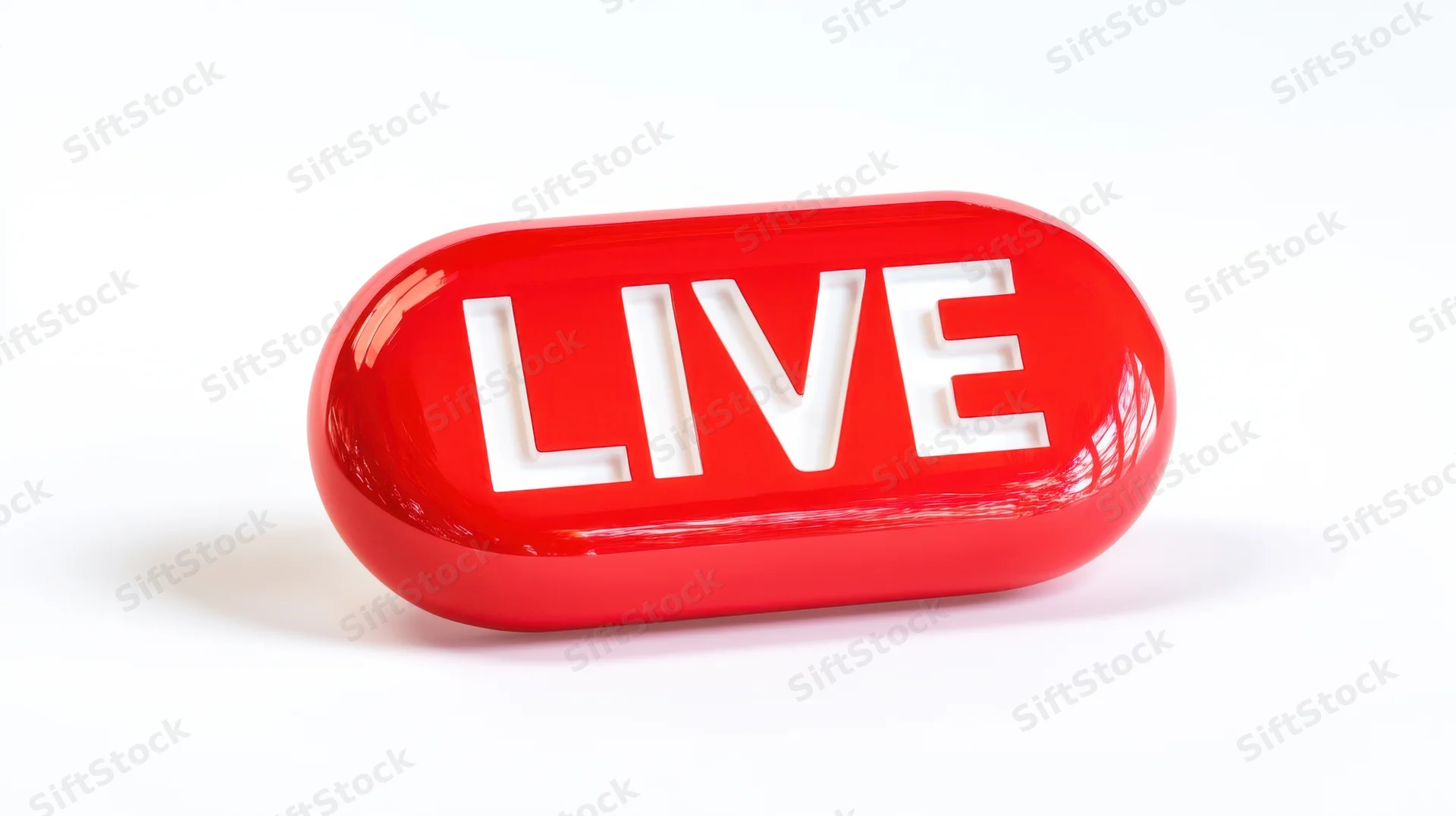 Red glossy oval button with white live text on white background