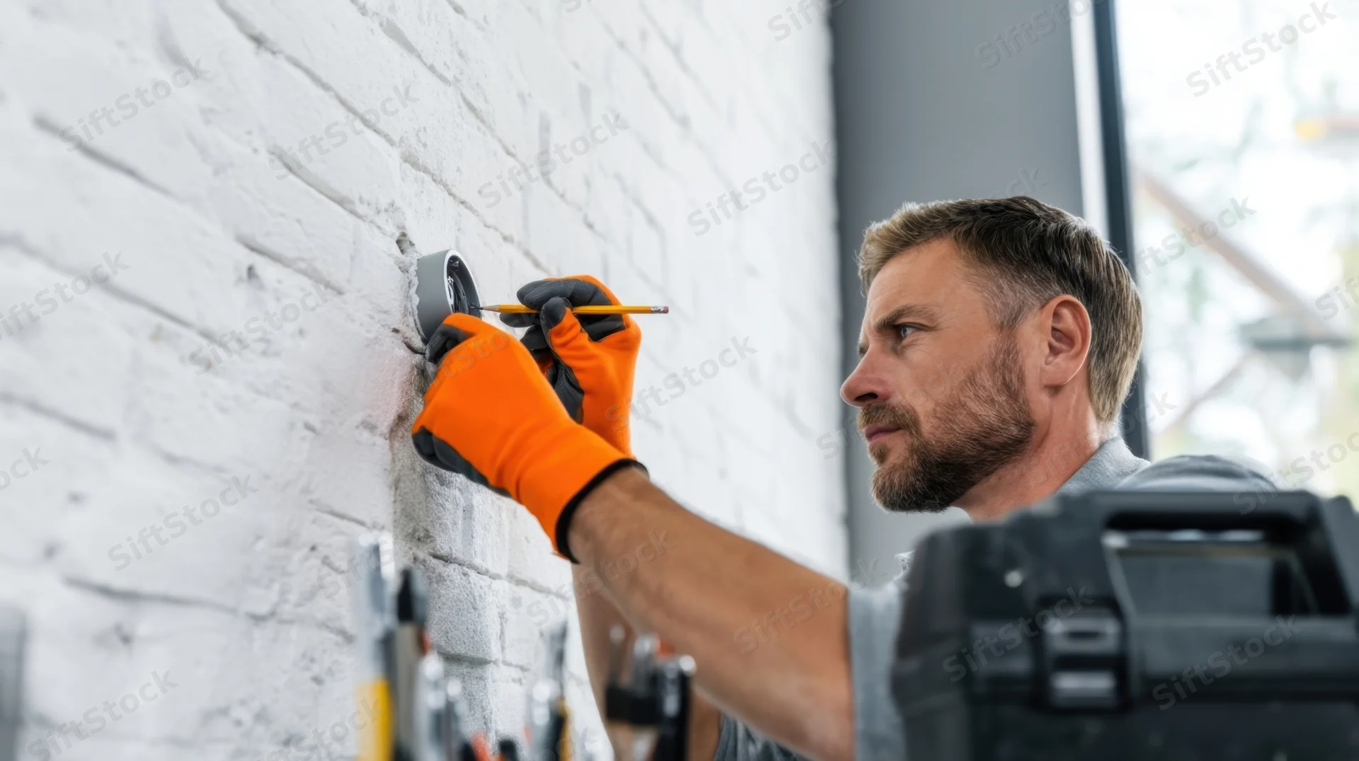 Electrician measuring wall outlet with pencil while installing socket in white brick wall