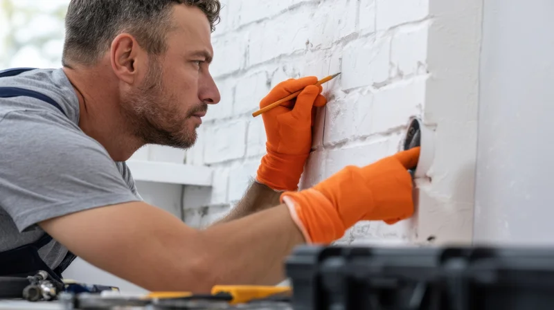 Tradesman marking a white brick wall with a pencil while installing an electrical outlet