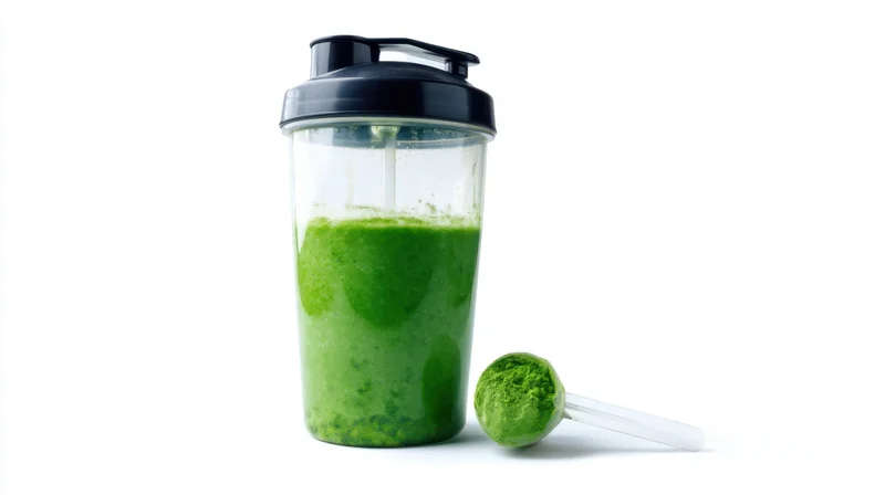 Green smoothie in a shaker bottle with powder scoop on white background