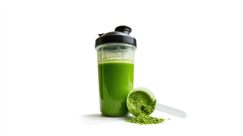Green supplement powder in a shaker bottle with scoop on white background