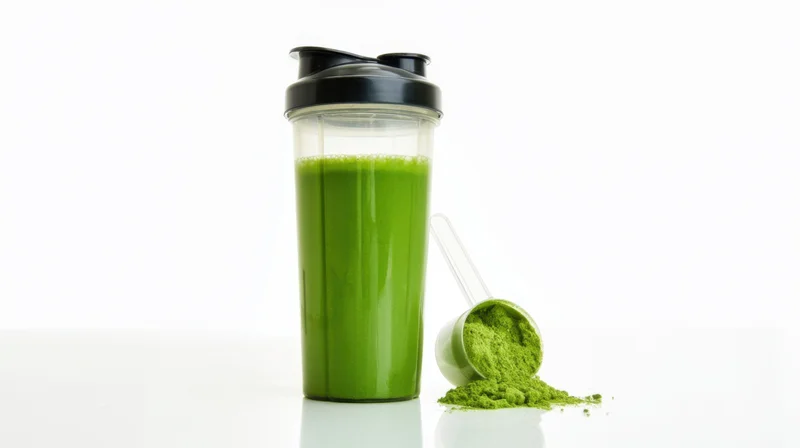 Green matcha powder in a shaker bottle with spilled powder on white surface