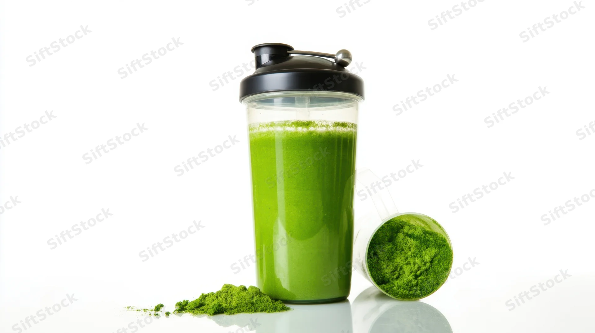Green matcha powder in a shaker bottle with liquid smoothie on white background