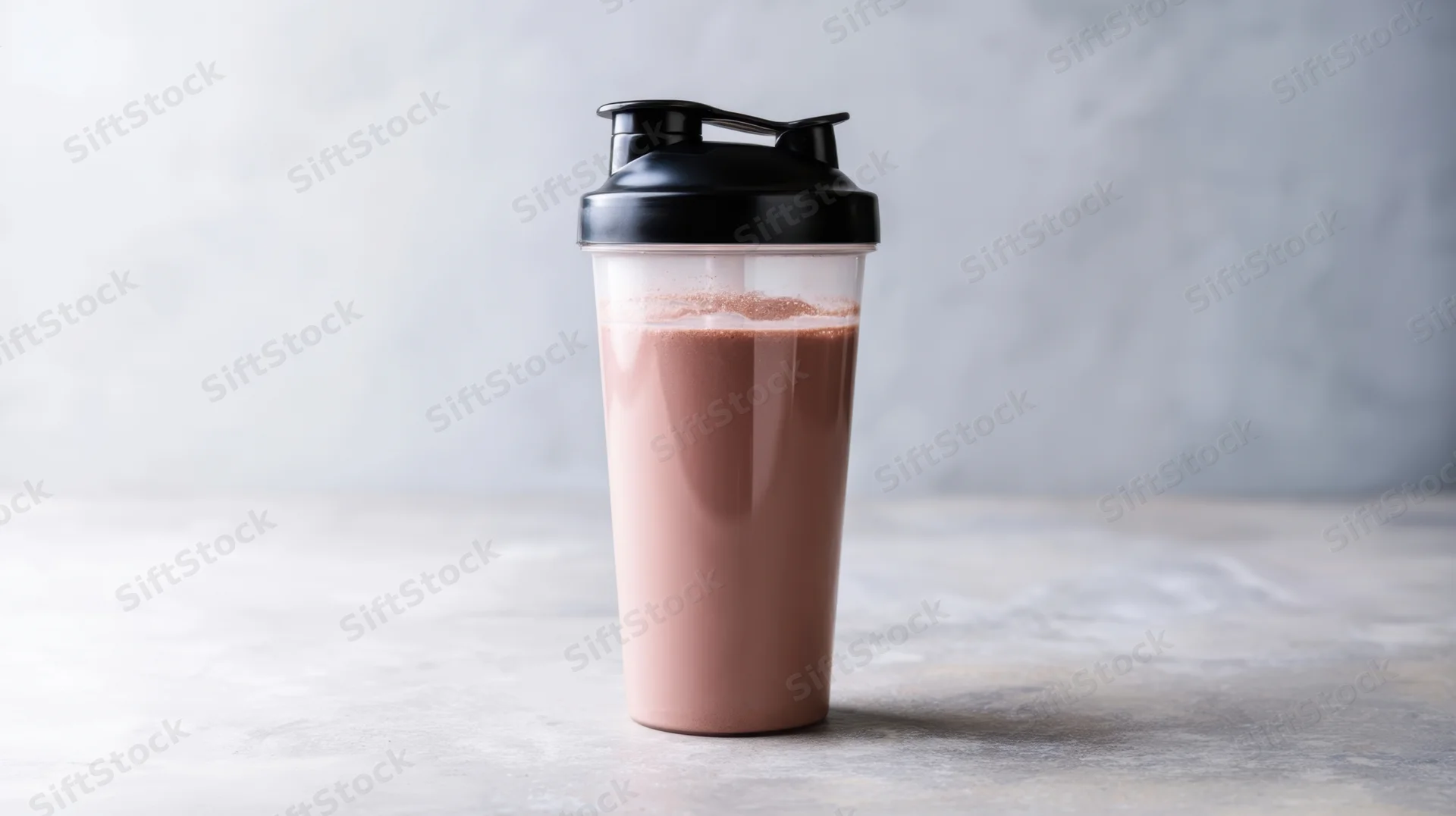 Protein shake in a transparent shaker on a gray surface