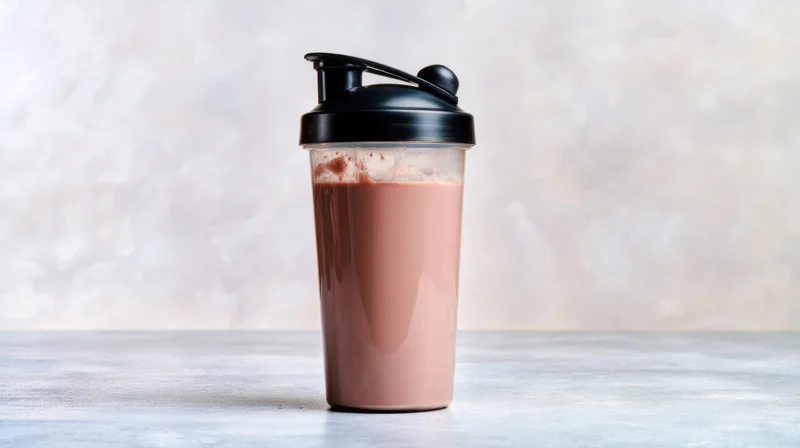 Chocolate protein shake in a transparent shaker with black lid on a gray surface